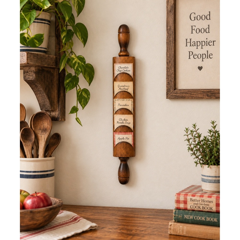 Vtg Wooden Rolling Pin Recipe Card Holder Wall Mount Kitchen Organizer Rustic